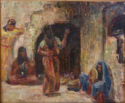 une peinture à l'huile représentant un groupe de personnes assises dans une cour