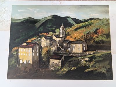 a picture of a painting of a village in the mountains