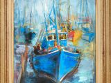 une peinture à l'huile représentant un bateau bleu amarré à un quai