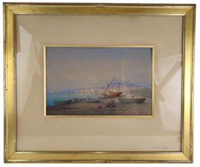 painting of boats on the beach in a gold frame