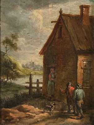 un tableau représentant deux hommes et un chien devant une maison