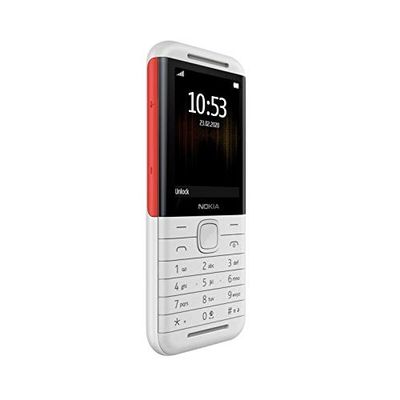 Le téléphone à clapet Nokia est blanc et rouge, avec un bouton noir.