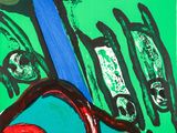 peinture abstraite représentant une femme avec une guitare dans un champ vert