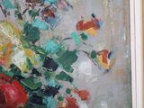 a painting of flowers in a vase on a table