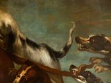 a painting of dogs playing with a stick in a room