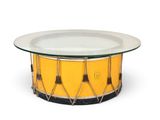 yellow drum coffee table with glass top and metal legs