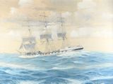 a painting of a ship in the ocean with a sky background