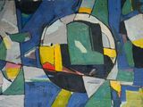 une peinture accrochée au mur d'un immeuble sur laquelle figure une horloge
