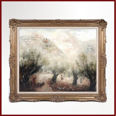 une image d'un tableau représentant un paysage avec des arbres au premier plan
