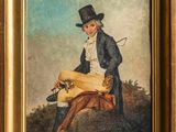 un vieux tableau représentant un homme coiffé d'un haut-de-forme, assis à cheval