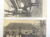 two old black and white photos of a man on a horse in front of a building