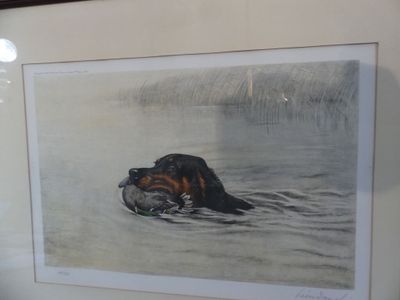 painting of a dog in the water with a duck in it ' s mouth