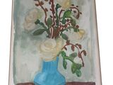 une peinture de fleurs dans un vase bleu sur une table