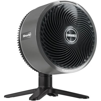 a black and silver fan sitting on top of a metal stand