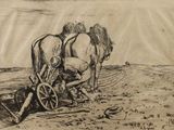 un dessin représentant un homme labourant un champ avec deux chevaux