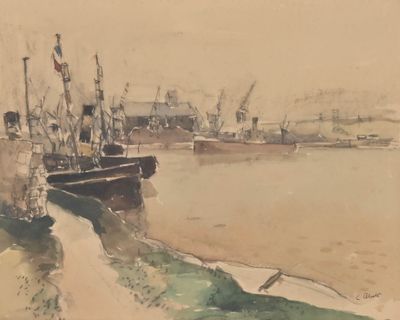 a watercolor painting of a boat in the water