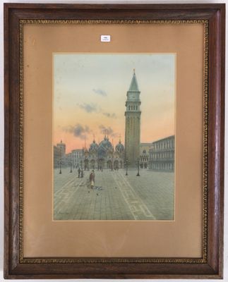 tableau représentant une tour horloge au milieu d'une place de ville