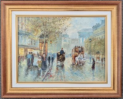 tableau représentant une scène de rue avec une calèche et des passants