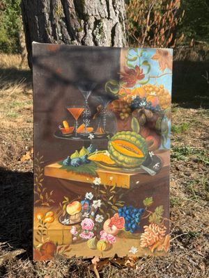 a picture of a painting of fruit and flowers on a table