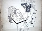 drawing of a woman standing next to a child in a crib