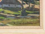 an oil painting of a farm scene with a barn and trees in the foreground