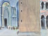 a painting of a clock tower in the middle of a city