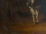 painting of a dog looking up at a person in a dark room