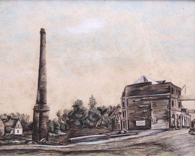 drawing of an old factory with a chimney in the middle of the street