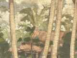 an image of a painting of palm trees and a house in the background