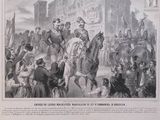 an old picture of a man on a horse being led by a group of people