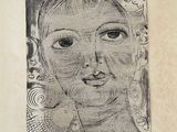 drawing of a woman ' s face in a black and white picture