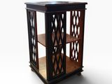 a small wooden table with a glass shelf on top of it