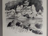 drawing of a black and white picture of a town by the water