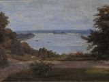 une image représentant une peinture d'un paysage aquatique avec un bateau au loin