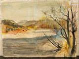 une image représentant une aquarelle représentant une rivière et des arbres