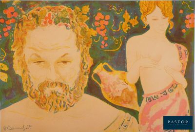 tableau représentant un homme barbu et une femme tenant un vase