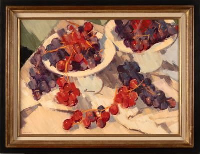 an oil painting of grapes and cherries in a bowl on a table