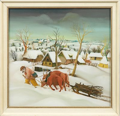 une image représentant un tableau où l'on voit des chevaux tirant un traîneau dans la neige