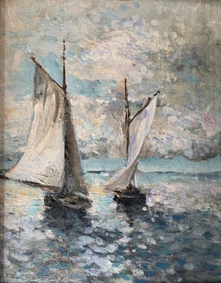 painting of two sailboats in the ocean on a cloudy day