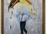 a painting of a man standing in front of a picture of a building