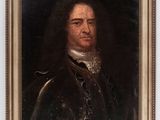 an old painting of a man in a black coat and white collar