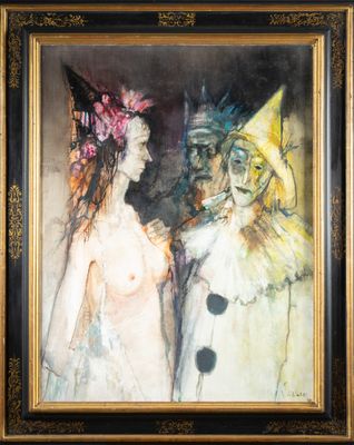 une peinture à l'huile représentant deux personnes en costume, debout l'une à côté de l'autre