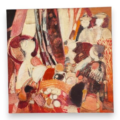 an image of a painting of a group of people sitting on a couch