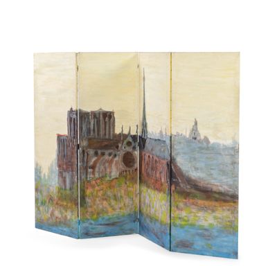 a painting of a view of a city with a river in the foreground