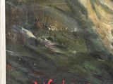 an oil painting of a man walking down a hill with a dog