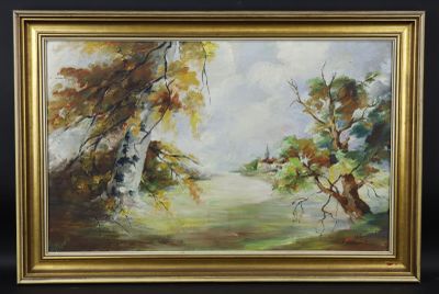 École XXe: "Paysage de campagne", huile sur toile, signée en…