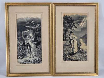 two framed pictures of a man and a woman with a dog
