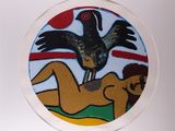 a picture of a picture of a woman and a bird in a circle