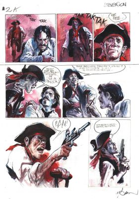 les pages d'une bande dessinée sur lesquelles figure le dessin d'un homme tenant un pistolet