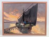 une peinture représentant un bateau sur l'eau avec des personnes à bord